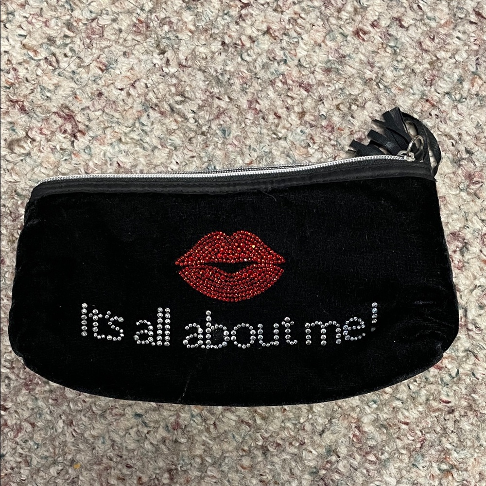 Black velvet Clutch with crystal lips and saying - like new